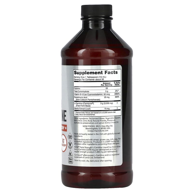 NOW Foods, Sports, Triple Strength L-Carnitine Liquid, Citrus, 3,000 mg, 16 fl oz (473 ml) 733739000644