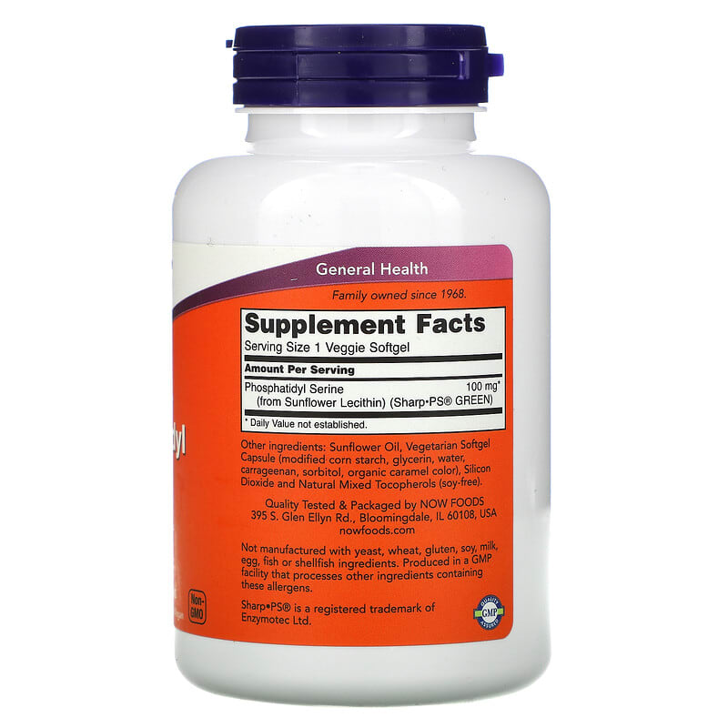NOW Foods, Sunflower Phosphatidyl Serine, 100 mg, 120 Veggie Softgels 733739023933