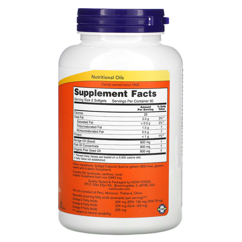 NOW Foods, Super Omega 3-6-9, 1,200 mg, 180 Softgels 733739018410