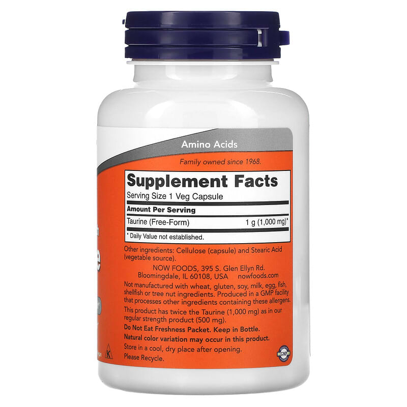 NOW Foods, Taurine, Double Strength, 1,000 mg, 100 Veg Capsules 733739001429