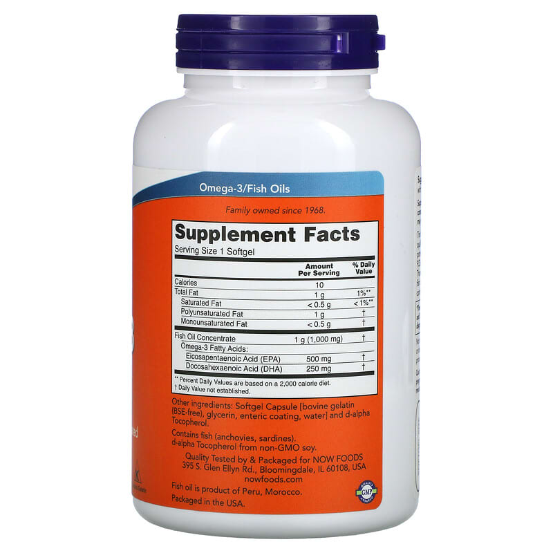 NOW Foods, Ultra Omega-3, 500 EPA / 250 DHA, 180 Enteric Coated Softgels 733739016621