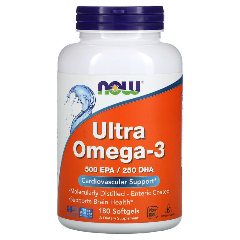 NOW Foods Ultra Omega-3 500 EPA/250 DHA 180 Enteric Coated Softgels 733739016621