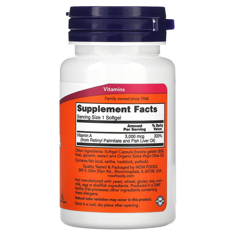 NOW Foods, Vitamin A, 10,000 IU, 100 Softgels 733739003300
