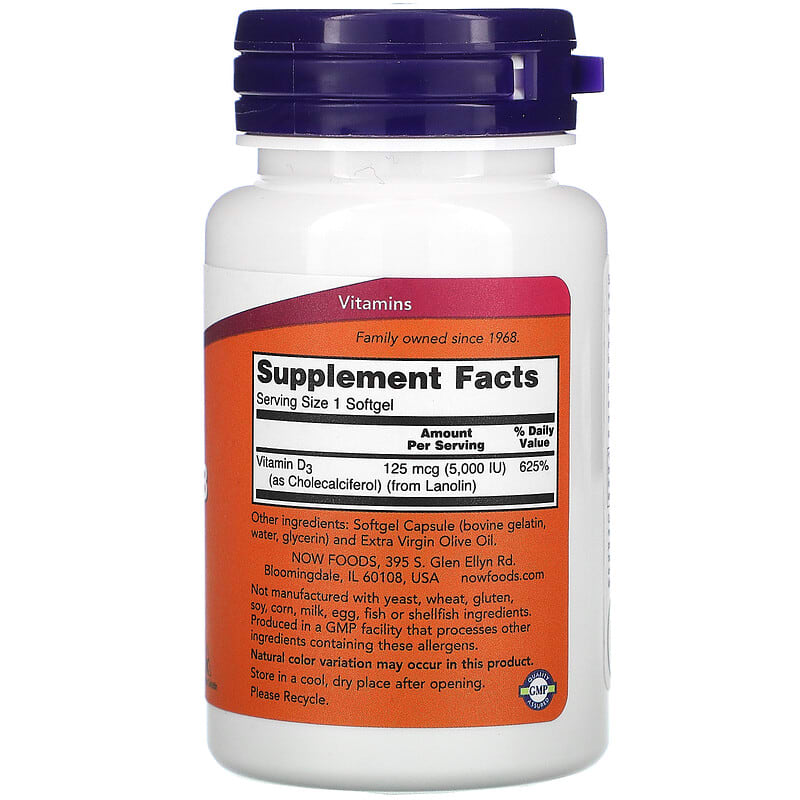 NOW Foods, Vitamin D-3, 125 mcg (5,000 IU), 120 Softgels 733739003720