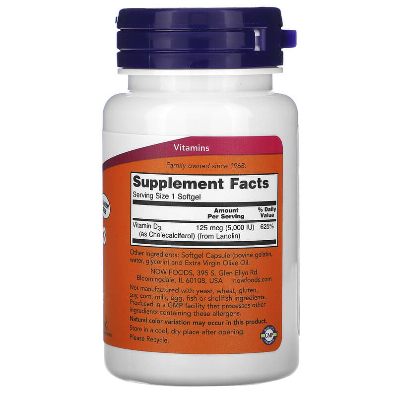 NOW Foods, Vitamin D-3, 125 mcg (5,000 IU), 240 Softgels 733739003737