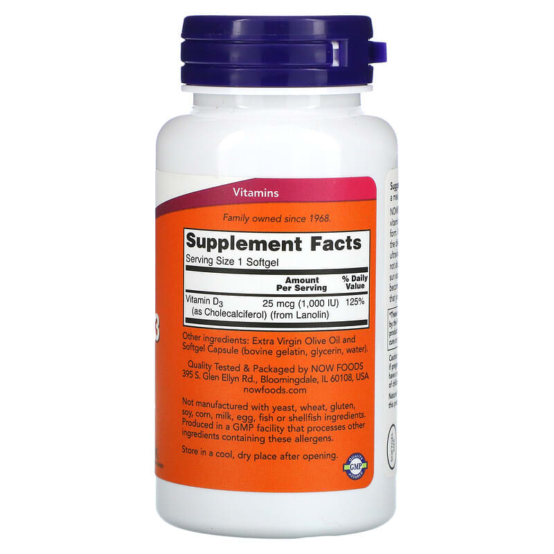 NOW Foods, Vitamin D-3, High Potency, 1,000 IU, 180 Softgels 733739003652