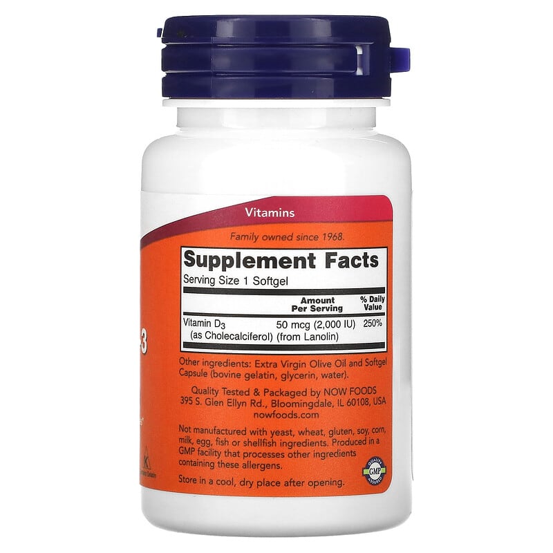 NOW Foods, Vitamin D-3, High Potency , 2,000 IU, 120 Softgels 733739003676