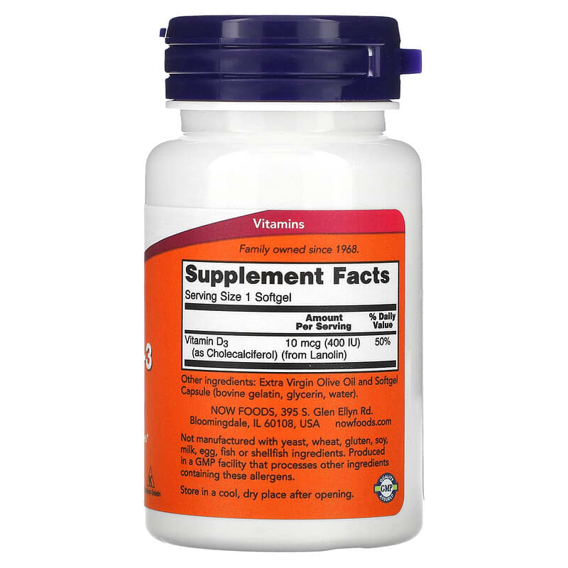 NOW Foods, Vitamin D-3, Structural Support, 400 IU, 180 Softgels 733739003645