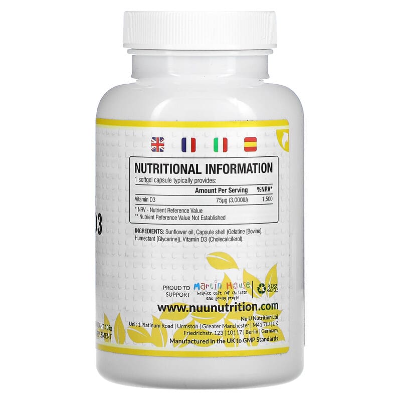 Nu U Nutrition, Max Strength Vitamin D3, 3,000 IU, 365 Softgel Capsules 810028760127