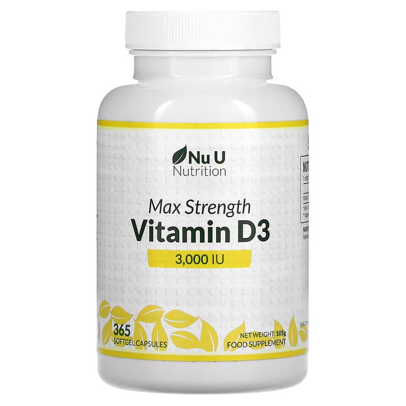 Nu U Nutrition Max Strength Vitamin D3 3,000 IU 365 Softgel Capsules 810028760127