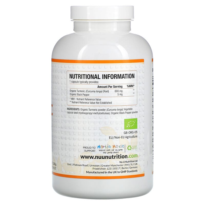 Nu U Nutrition, Organic Turmeric Curcumin & Organic Black Pepper, 365 Vegan Capsules 810028760097