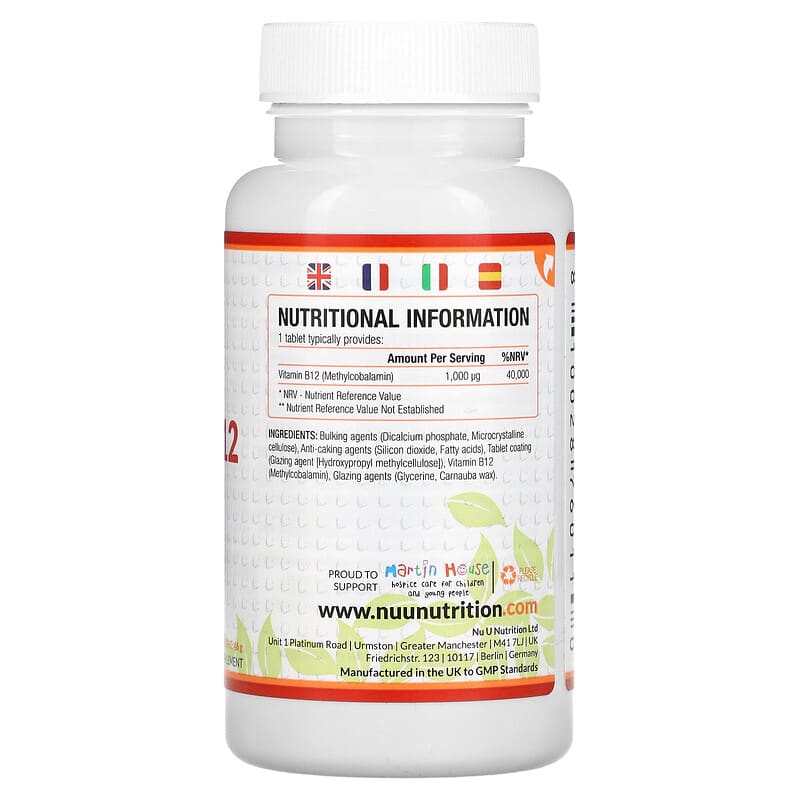 Nu U Nutrition, Vitamin B12, 1,000 µg, 180 Vegetarian Tablets 810028760110