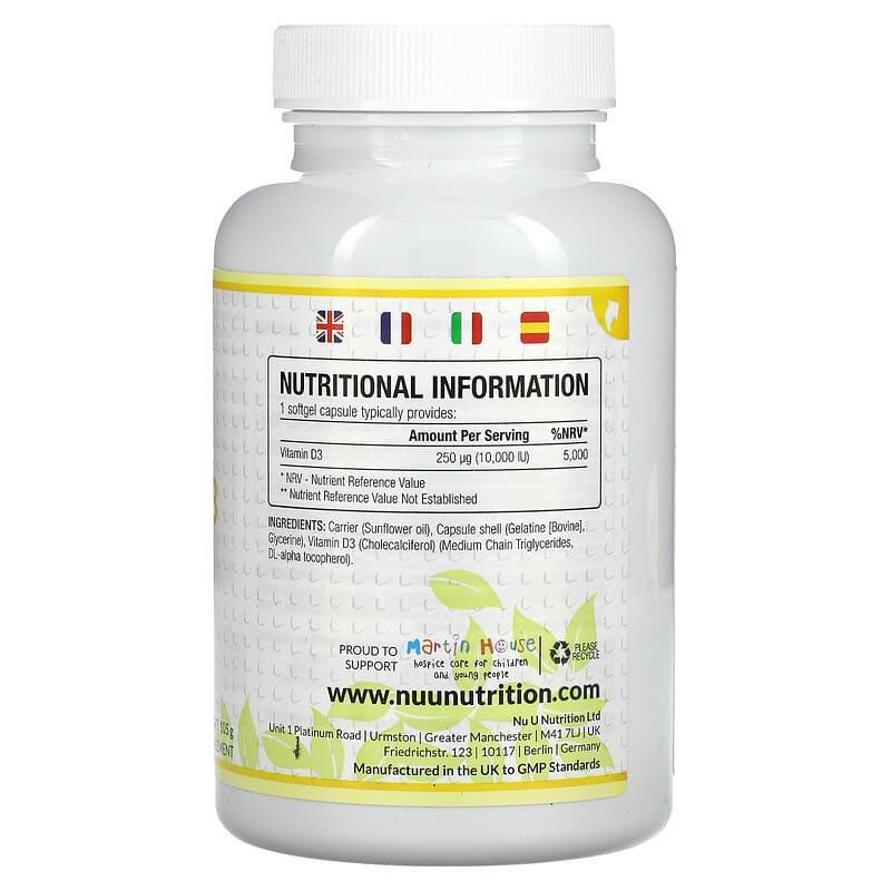 Nu U Nutrition, Vitamin D3, 10,000 IU, 365 Softgel Capsules 810028760165