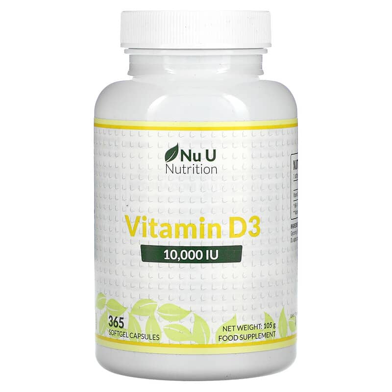 Nu U Nutrition Vitamin D3 10,000 IU 365 Softgel Capsules 810028760165