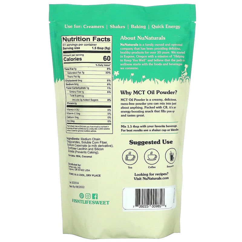 NuNaturals, MCT Oil Powder, Unflavored, 1 lb (454 g) 739223009858