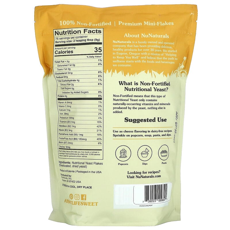 NuNaturals, Non-Fortified Nutritional Yeast Flakes, 24 oz (680 g) 739223009841