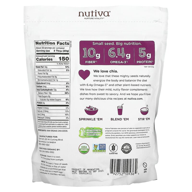 Nutiva, Organic Chia Seed, Black, 32 oz (907 g) 692752105364