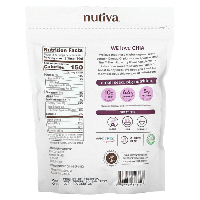 Nutiva, Organic Chia Seeds, 12 oz (340 g) 692752103117