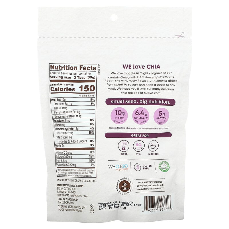 Nutiva, Organic Chia Seeds, 6 oz (170 g) 692752103728