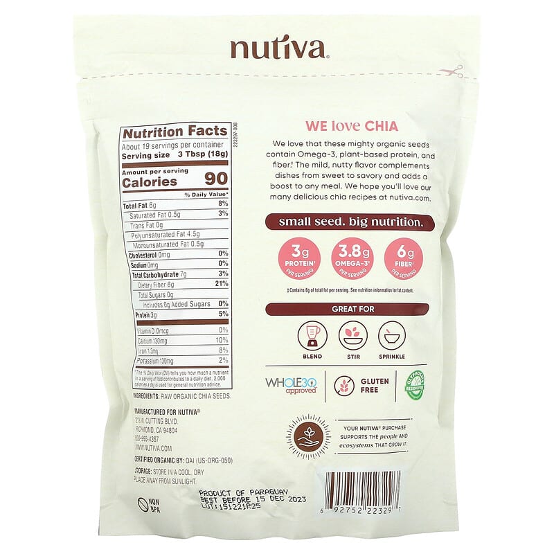 Nutiva, Organic Ground Chia Seeds, 12 oz (340 g) 692752223297