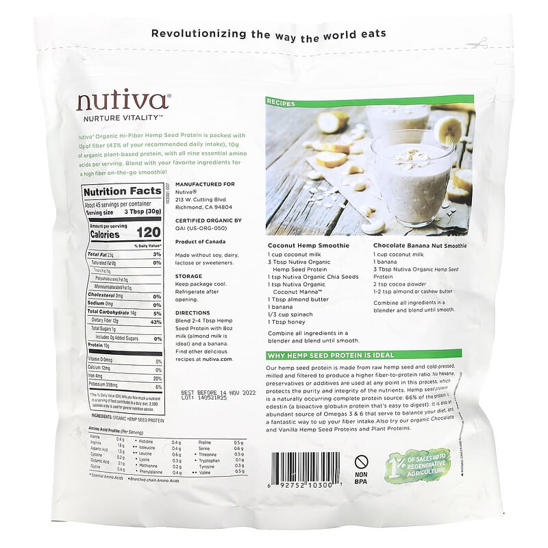 Nutiva, Organic, Hemp Protein, Hi-Fiber, 3 lbs (1.36 kg) 692752103001