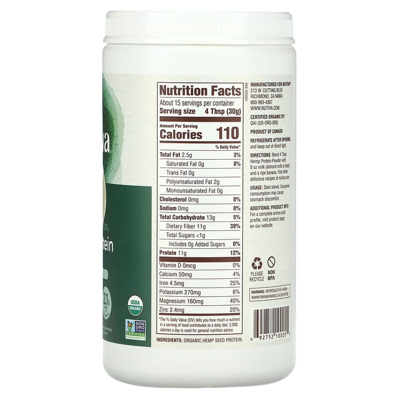 Nutiva, Organic Hemp Protein Powder, Fiber Plus, 1 lb (454 g) 692752100055