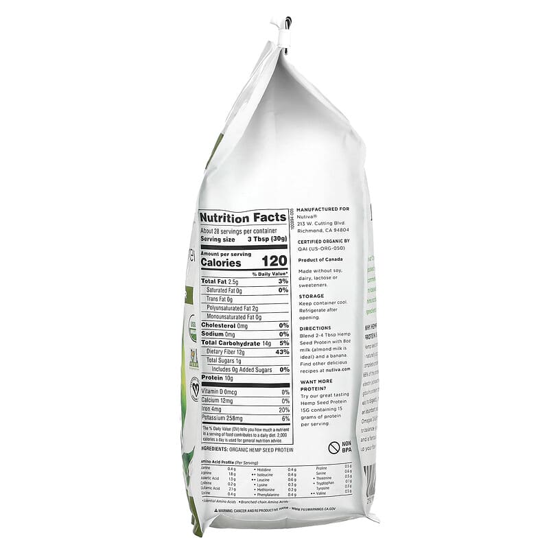Nutiva, Organic Hemp Seed Protein, 30 oz (851 g) 692752100994