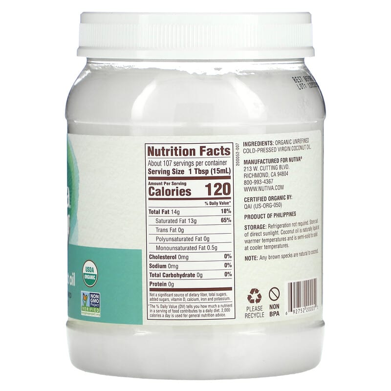 Nutiva, Organic Virgin Coconut Oil, 54 fl oz (1.6 l) 692752200052