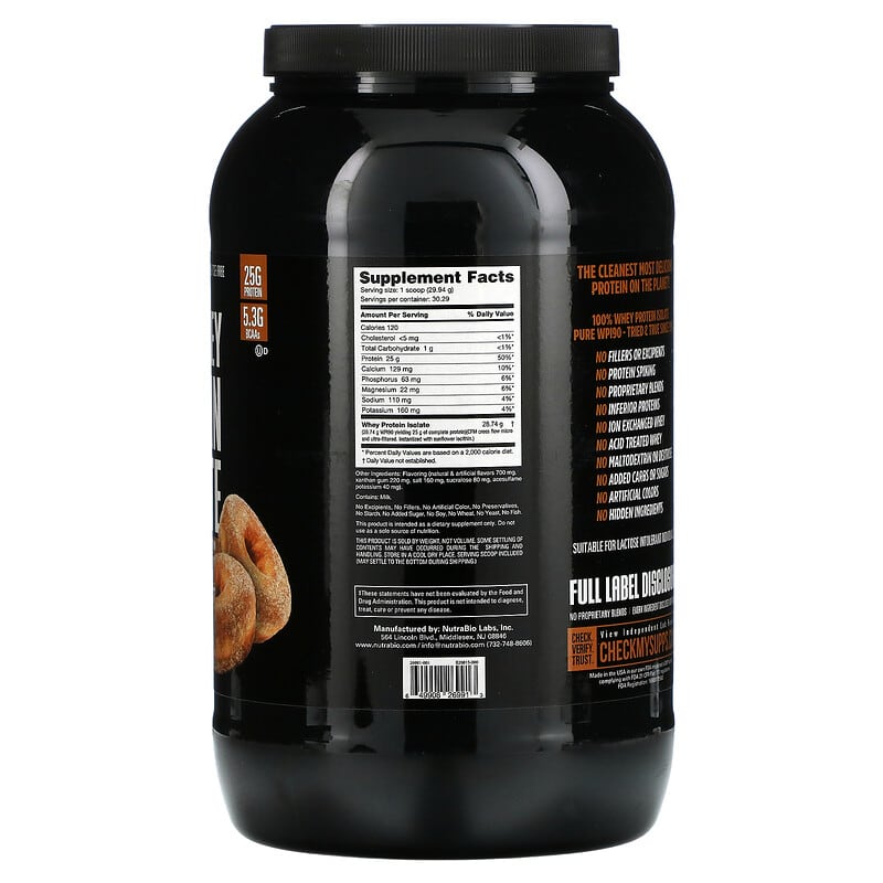 Nutrabio Labs, 100% Whey Protein Isolate, Cinnamon Sugar Donut, 2 lb (907 g) 649908269913