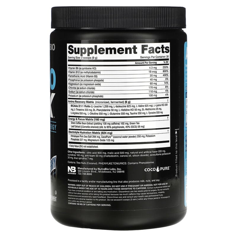 Nutrabio Labs, Amino Kick, Blue Raspberry, 0.59 lb (269 g) 649908217402