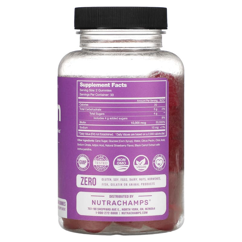 NutraChamps, Biotin Gummies, Natural Strawberry, 5,000 mcg, 60 Vegan Gummies 621983990173
