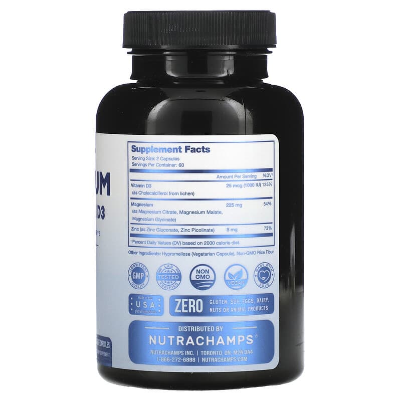 NutraChamps, Magnesium, Zinc & Vitamin D3, 120 Veggie Capsules 621983990494