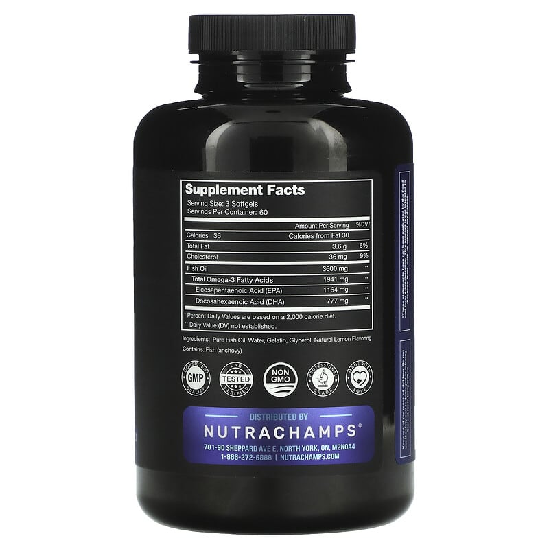 NutraChamps, Omega 3 Fish Oil, Natural Lemon, 1,200 mg, 180 Softgels 621983999800