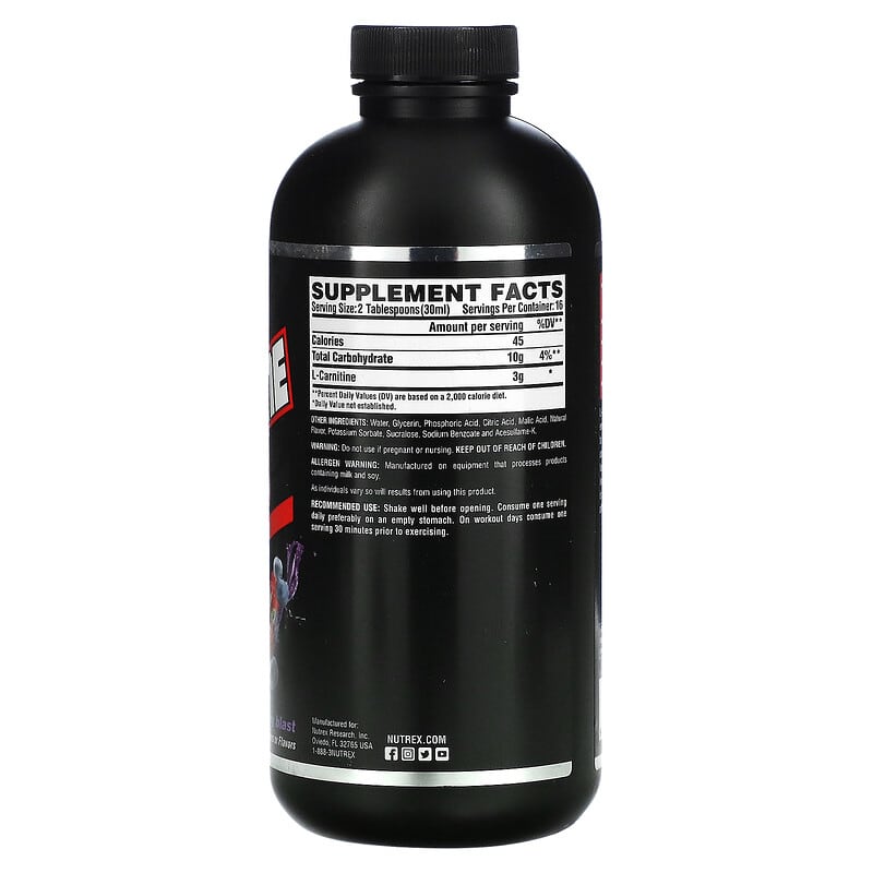 Nutrex Research, Liquid Carnitine 3000, Berry Blast, 16 fl oz (480 ml) 857268005410
