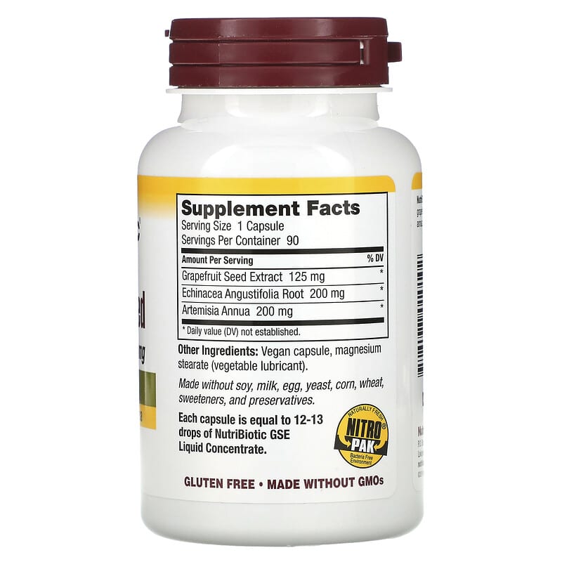 NutriBiotic, High Potency Grapefruit Seed Extract with Echinacea & Artemisia Annua, 125 mg, 90 Vegan Capsules 728177010102