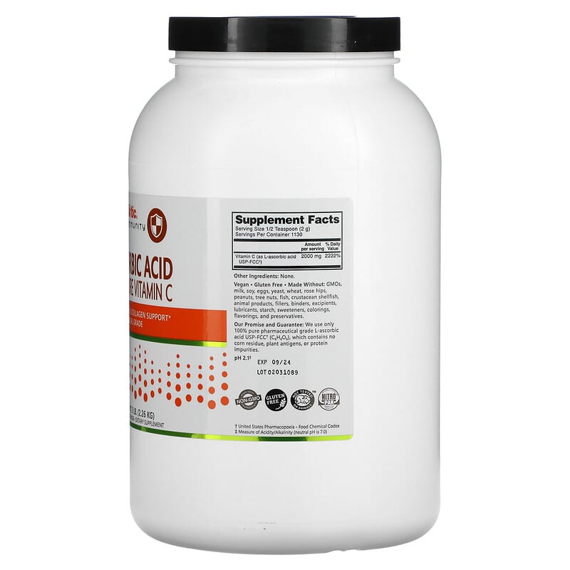 NutriBiotic, Immunity, Ascorbic Acid, 100% Pure Vitamin C, Crystalline Powder, 5 lb (2.26 kg) 728177002039