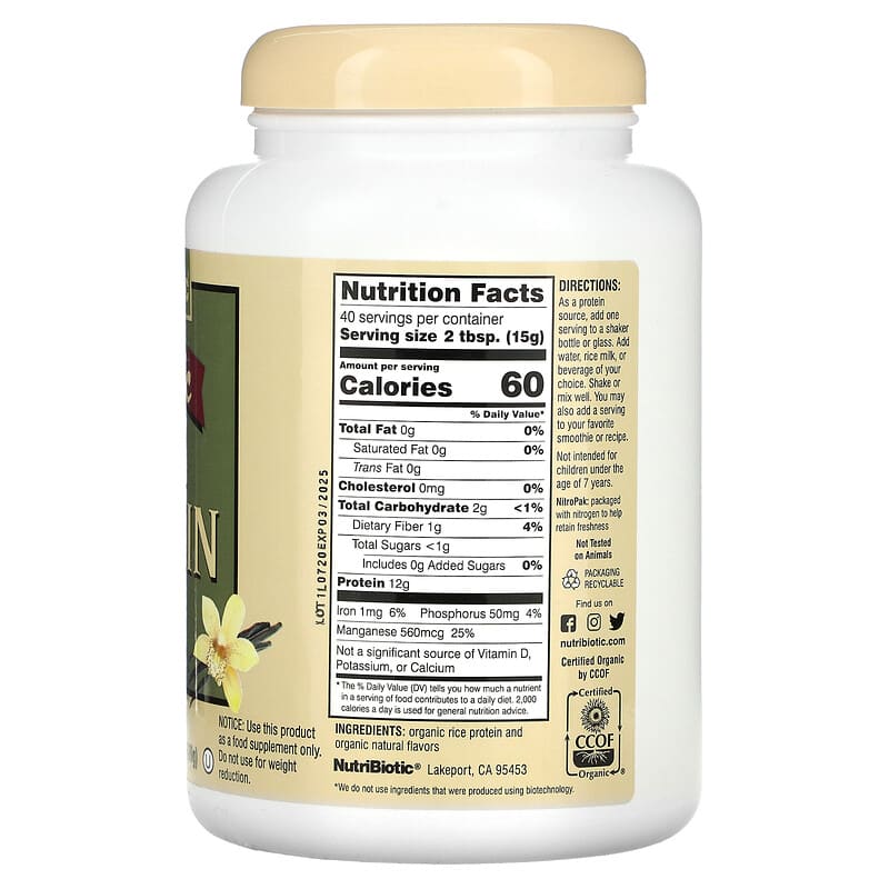NutriBiotic, Raw Organic Rice Protein, Vanilla, 1 lb (600 g) 728177030056