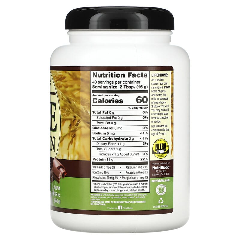 NutriBiotic, Raw Rice Protein, Chocolate, 1 lbs 6.9 oz (650 g) 728177001605