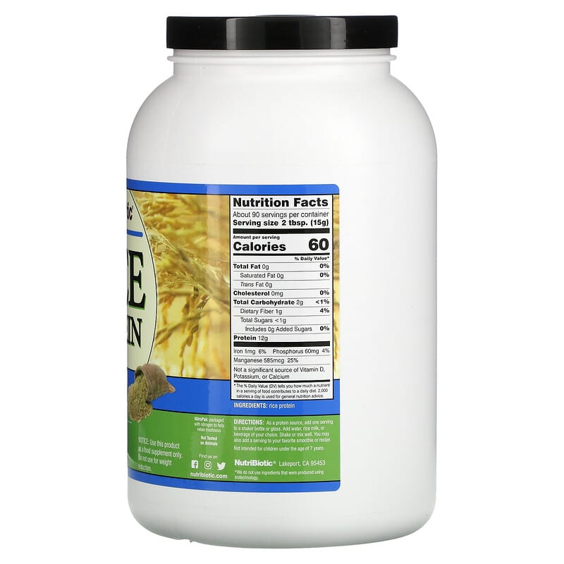 NutriBiotic, Rice Protein Powder, Plain, 3 lbs (1.36 kg) 728177001513