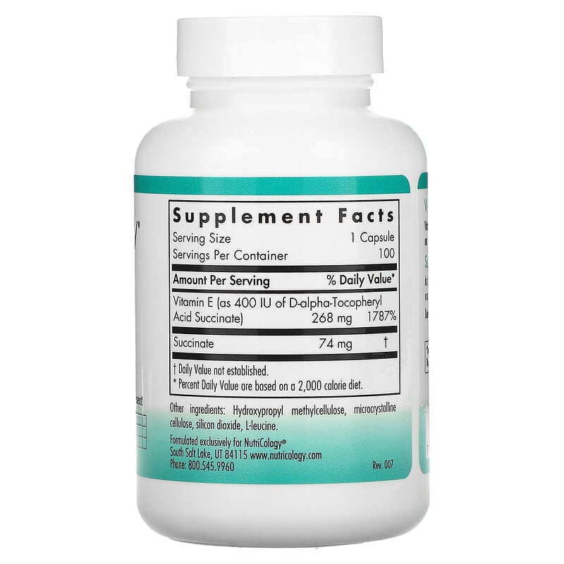 Nutricology, Vitamin E Succinate, 100 Vegetarian Capsules 713947504301