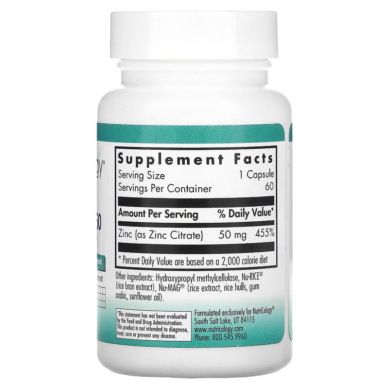 Nutricology, Zinc Citrate 50, 60 Vegetarian Capsules 713947502901