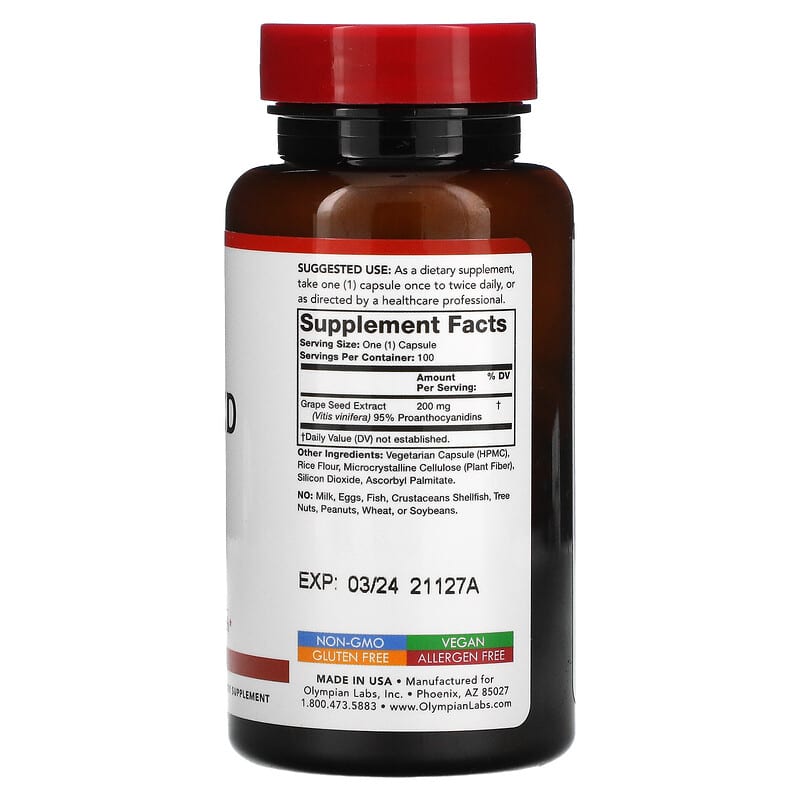 Olympian Labs Inc., Grape Seed Extract, 200 mg, 100 Vegetarian Capsules 710013000934