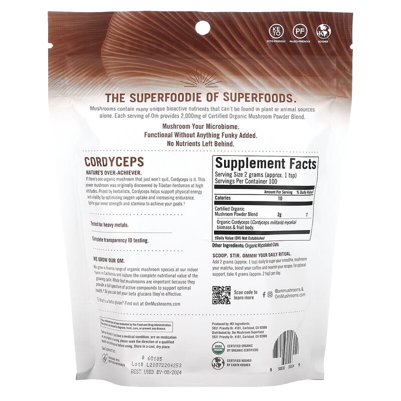 Om Mushrooms, Certified Organic Mushroom Powder, Cordyceps, 7.05 oz (200 g) 850030553249