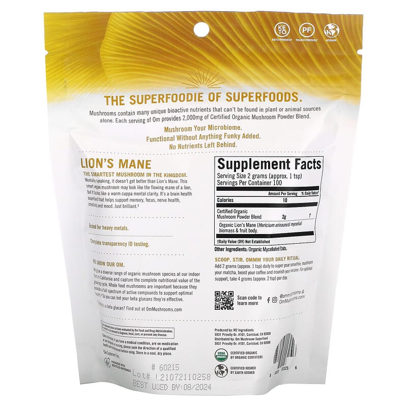 Om Mushrooms, Certified Organic Mushroom Powder, Lion's Mane, 7.05 oz ( 200 g) 850030553256