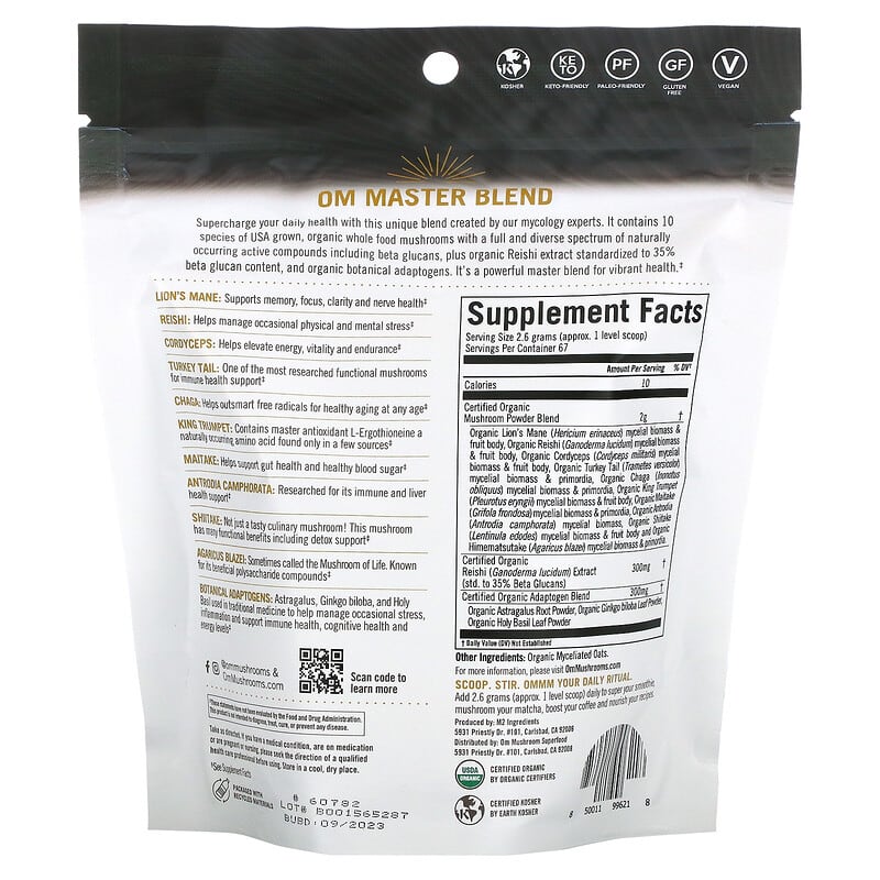 Om Mushrooms, Certified Organic Mushroom Powder, Mushroom Master Blend, 6.2 oz (176 g) 850011996218