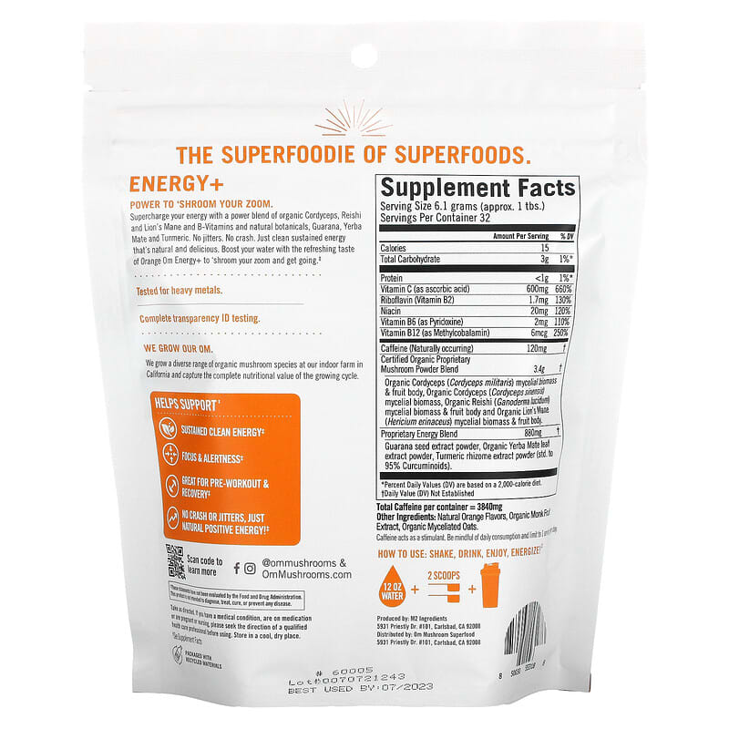 Om Mushrooms, Energy+ Drink Mix, Citrus Orange , 7.05 oz (200 g) 850030553188