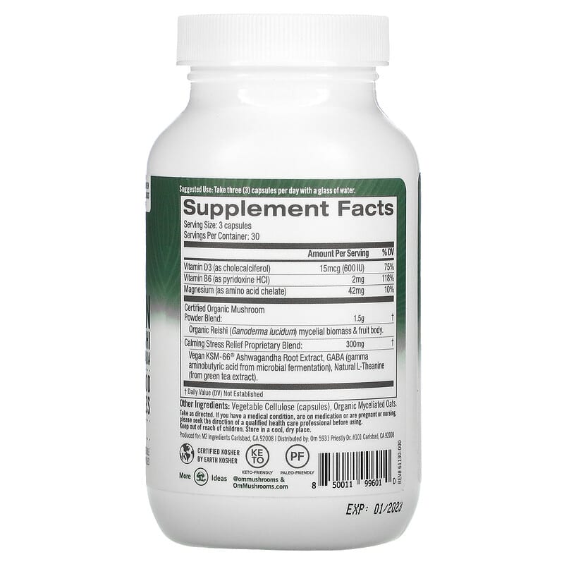 Om Mushrooms, Gently Zen, Powered by Reishi with Ashwagandha & GABA, 90 Vegetable Capsules 850011996010