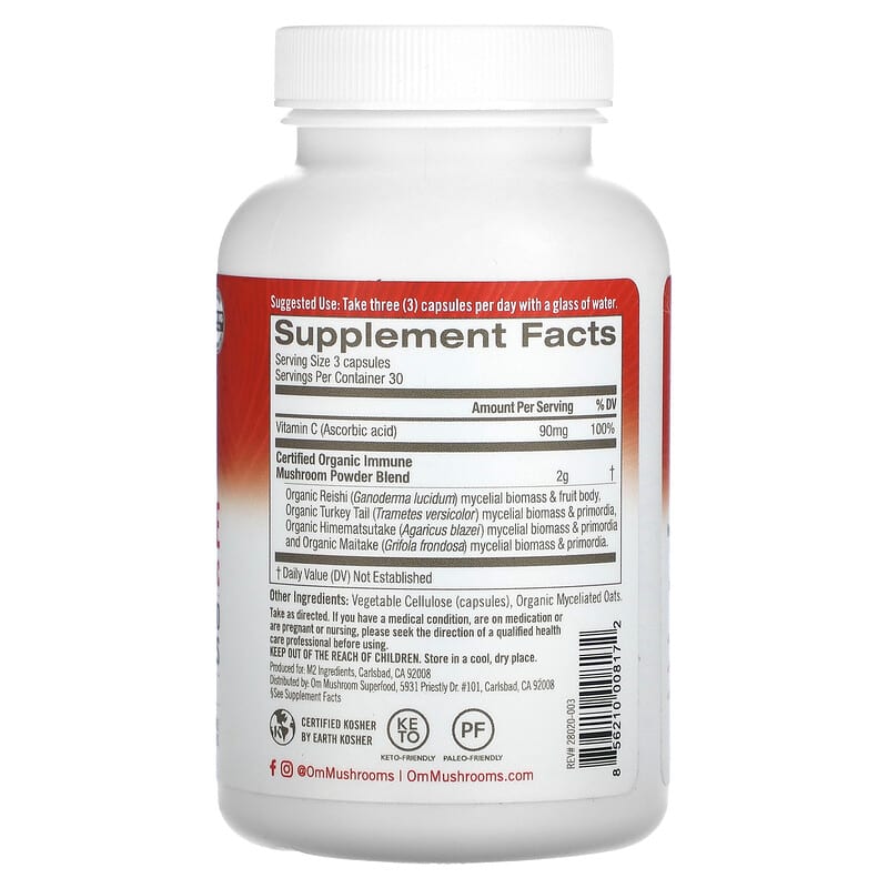 Om Mushrooms, Immune Defense, Powered by Reishi + Vitamin C, 90 Vegetable Capsules 856210008172