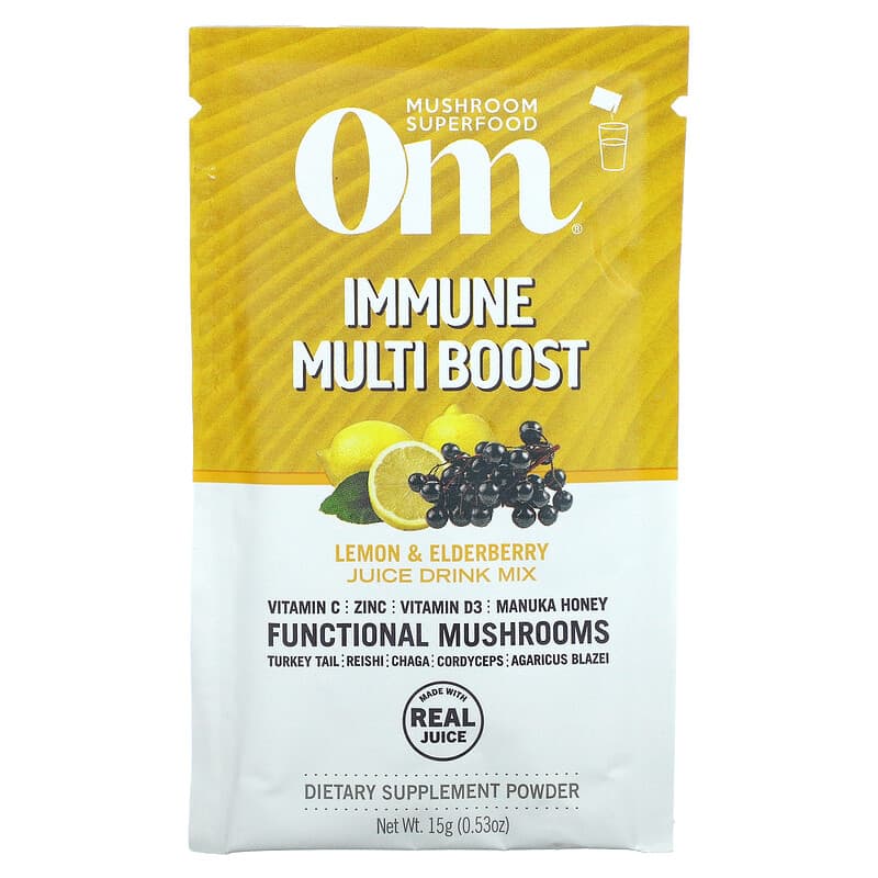 Om Mushrooms, Immune Multi Boost, Lemon & Elderberry Juice Drink Mix, 10 Packets, 0.53 oz (15 g) Each 850011996058