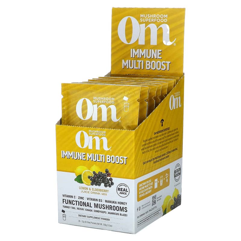 Om Mushrooms Immune Multi Boost Lemon & Elderberry Juice Drink Mix 10 Packets 0.53 oz (15 g) Each 850011996058